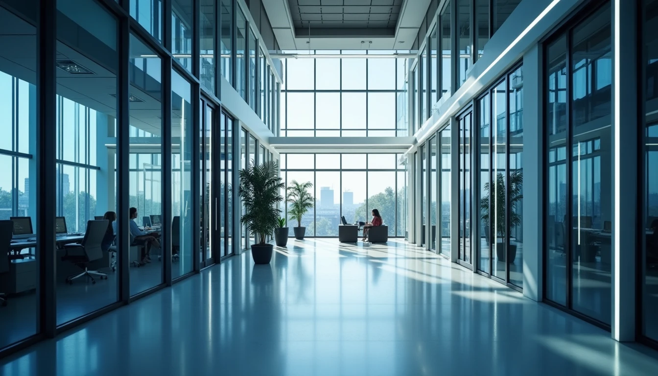 Modernes Bürogebäude in Berlin, Darstellung von technologischer Innovation und Workflow-Integration